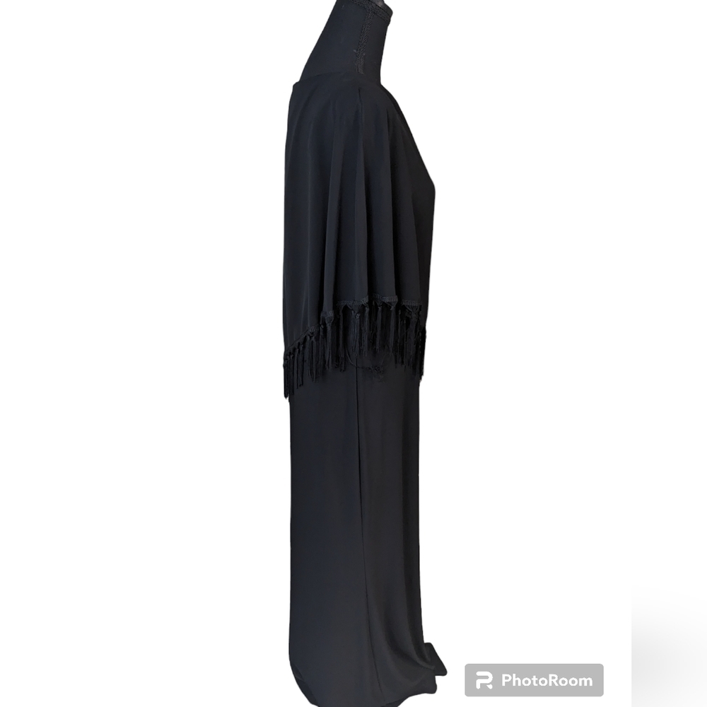 Xscape black formal dress size 10, has a sheet cape attached to neckline. - Picture 2 of 10